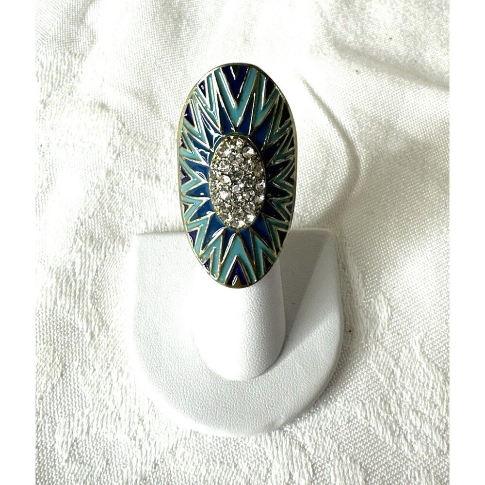 2” Oval Finger Ring Sparkly CZ Cluster Enamel Geometric Starburst Stretch Band